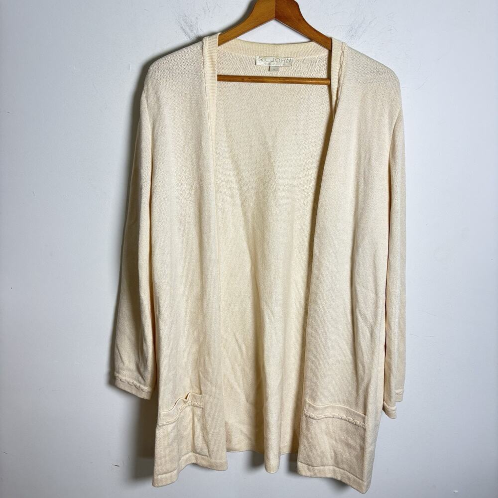St John Basics Cream Knit Open Front Cardigan Long Sweater Pockets Size L